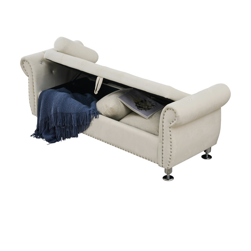 Banc de rangement en velours doux de 62,2 pouces avec boutons en cristal
