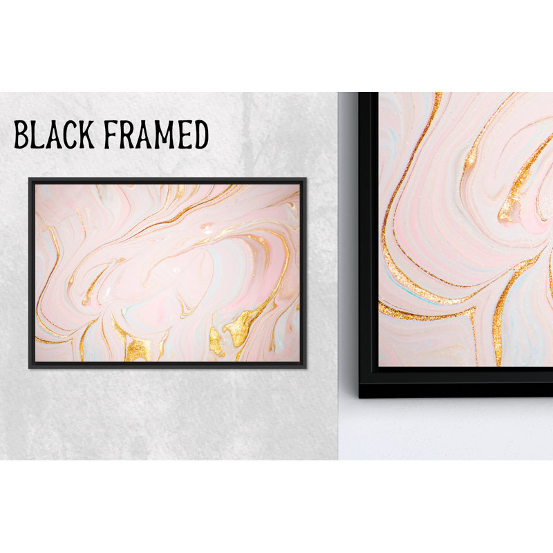 Élégante reproduction de marbre rose: œuvre d'art sur toile chatoyante dorée, décor moderne, toiles à cadre noir 1P