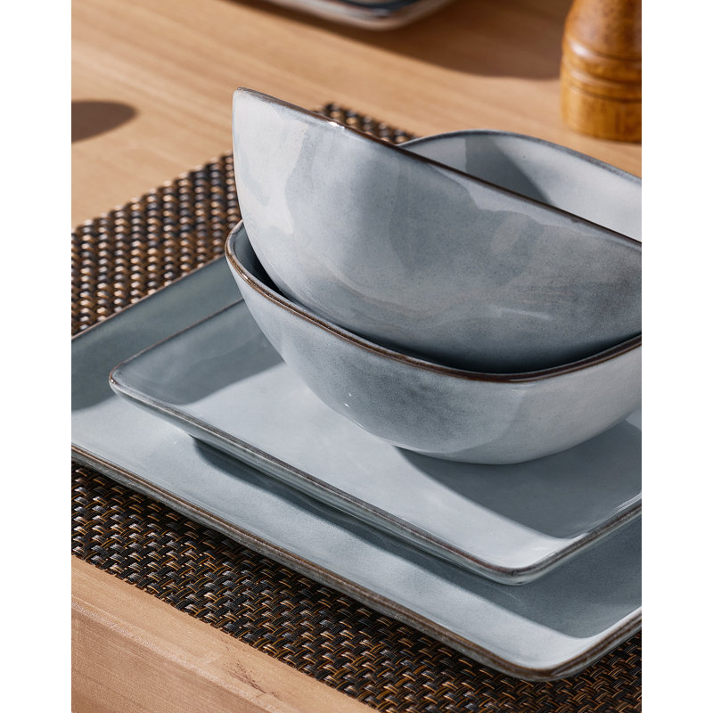 Stoneware Dinnerware Sets, 24-Piece Dish Set, Gray