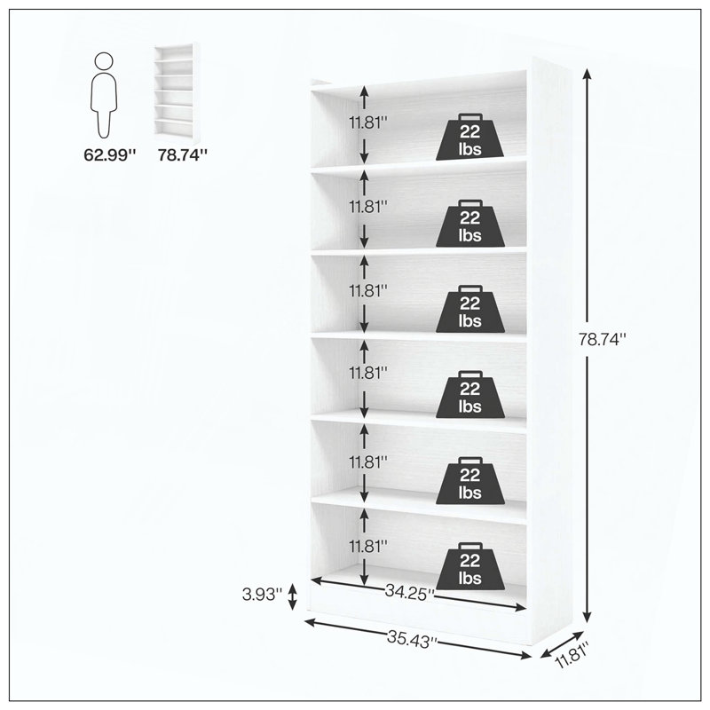 Bibliothèque de rangement blanche à 7 niveaux, (7 tablettes) H 78,74 po x l 11,81 po x P 35,43 po