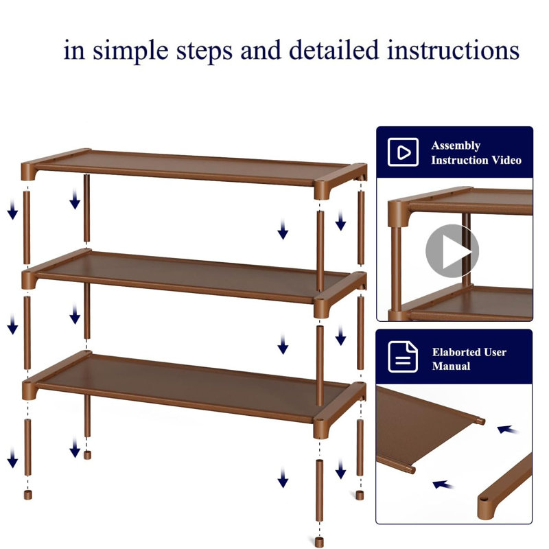 27.5" Wide 3-Tier Stackable Shoe Rack Shelf, Shoe Organizer for Closet Entryway Garage, Brown