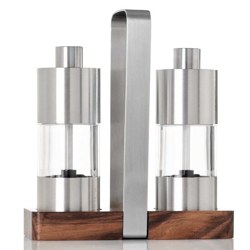 Stainless Steel and Glass Salt and Pepper Grinder Set with Wooden Tray