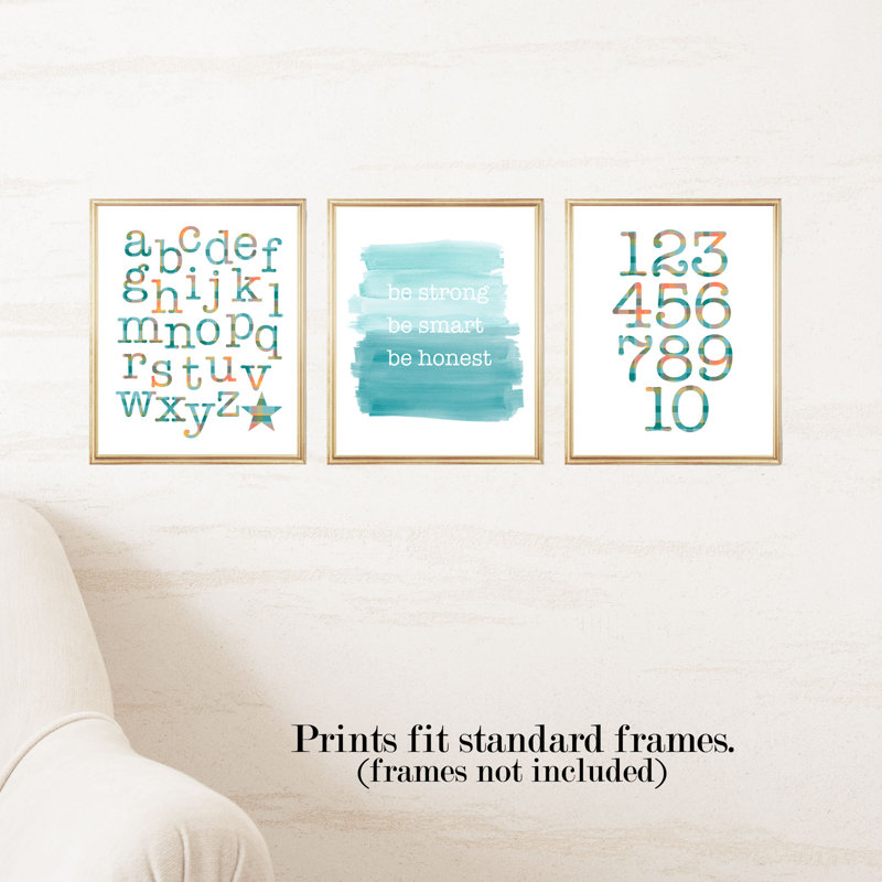 Ensemble de 3 impressions sur papier sarcelle ABC 123 et dégradé bleu sarcelle 3 pièces, H 10 po x l 8 po x P 0,063 po