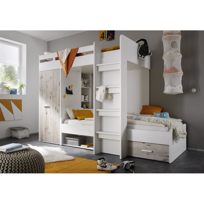 Hampton Bunk Bed with Storage Included with Built-in Ladder Included, White and oak sand