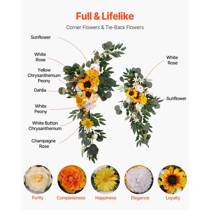 Ensemble de fleurs arquées de mariage artificielles, ensemble de fleurs arquées de mariage jaunes avec draps (lot de 3) - 2 pièces d'arrangement floral, 1 pièce de voilages transparents, pour décoration de bouquets de cercles de réception