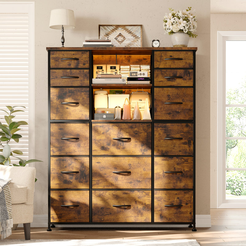 Commode haute H -15 de 51 po à 2 tiroirs en tissu avec 2 tablettes ouvertes, commodes de chambre à coucher avec station de charge et lumières DEL