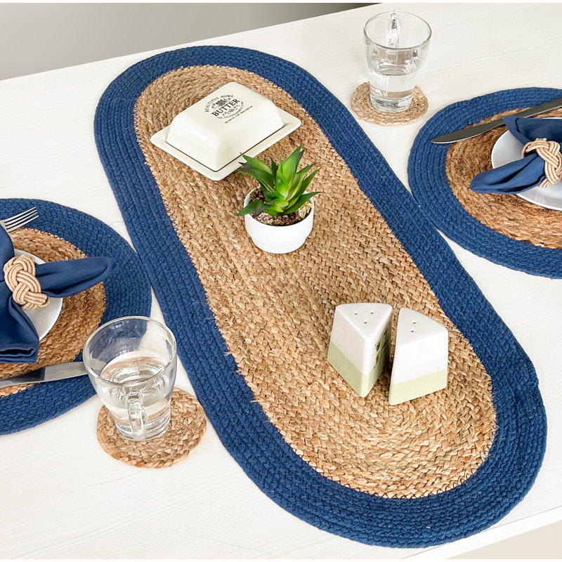 VERONA JUTE BORDER ROUND TABLE RUNNER, 13" x 36", Natural/Navy