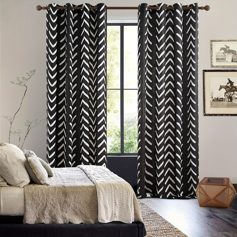 Black and White Pattern Linen Curtains,Room Darkening Herringbone Fabric Grommet Drapes,Set of 2, 52'' W x 72'' L