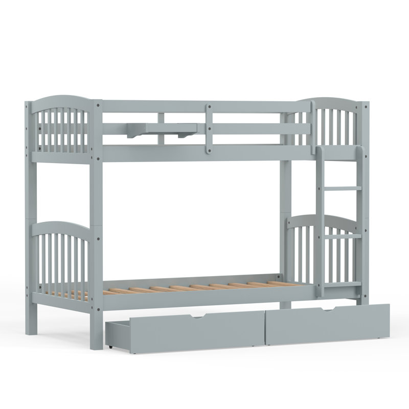 Klar Solid Wood Twin Over Twin Bunk Bed, Hanging Nightstand, and Underbed Storage Drawers, Light Gray
