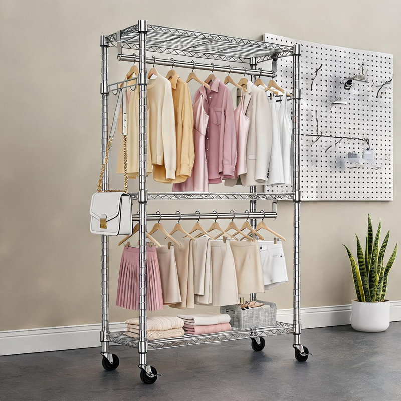 Portant à vêtements robuste pour salle de lavage, acier au carbone argent poli, étagère grillagée à 3 niveaux, 2 tringles de suspension et crochets latéraux, 74,5 H