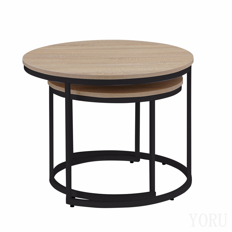 Ensemble de 2 tables gigognes rondes 31,5 po, table d'appoint, finition bois de chêne naturel, peu encombrant, style industriel moderne