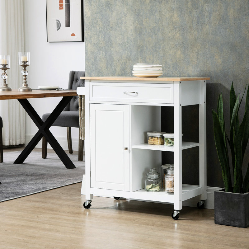 Chariot pour îlot de cuisine blanc avec plateau en bois massif, tiroir et chariot à roulettes modulable, pour la salle à manger, polyvalent