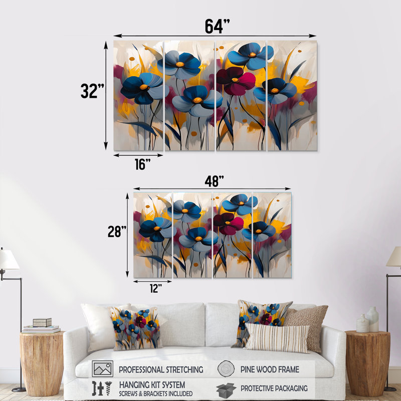 Fleurs bleues et bleues rouges - bleuet, art mural - ensemble de décorations murales traditionnelles, H 32 po x l 64 po, 4