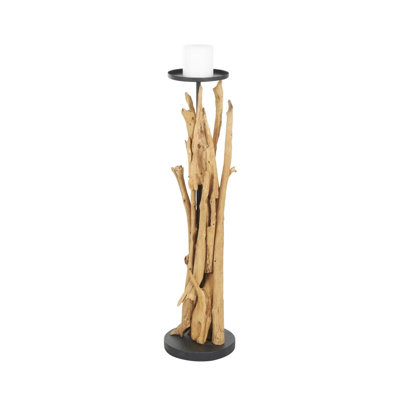 Teak Wood Handmade Tall Tree Branch Floor Decorative Brown Candle Holder with Black Metal Accents