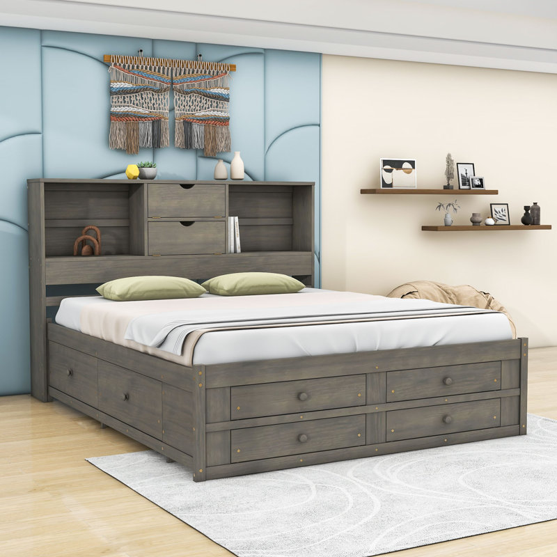 Très grand lit plateforme avec tête de lit, tiroirs et tablettes, Gris