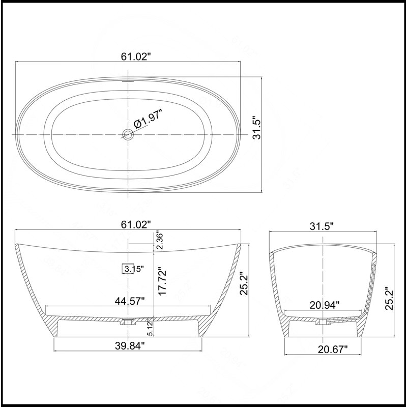 Baignoire de salle de bain autoportante 61 pouces