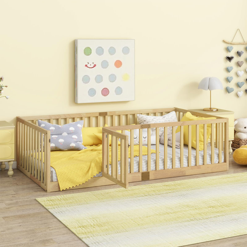 Floor Bed With High Rails And Convertible Door,solid Wood Cama Montessori Bed Without Slats, Full, Beige