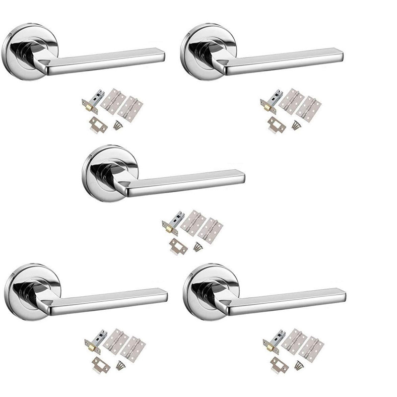 Golden Grace 5 Sets Leon Design Door Handles Lever on Round Rose in Polished Chrome Finish with Latch Set, 1 Pair 3" Hinges & 2.5" Tubular Latch