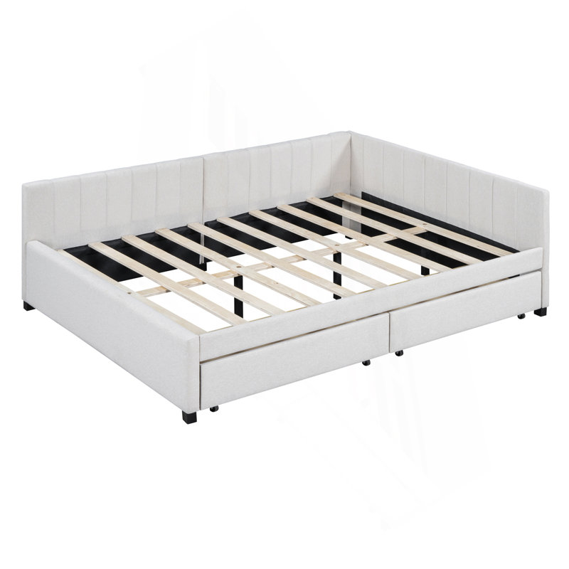 Full Size Upholstered Daybed With 2 Storage Drawers Sofa Bed Frame No Box Spring Needed, Linen Fabric, Beige
