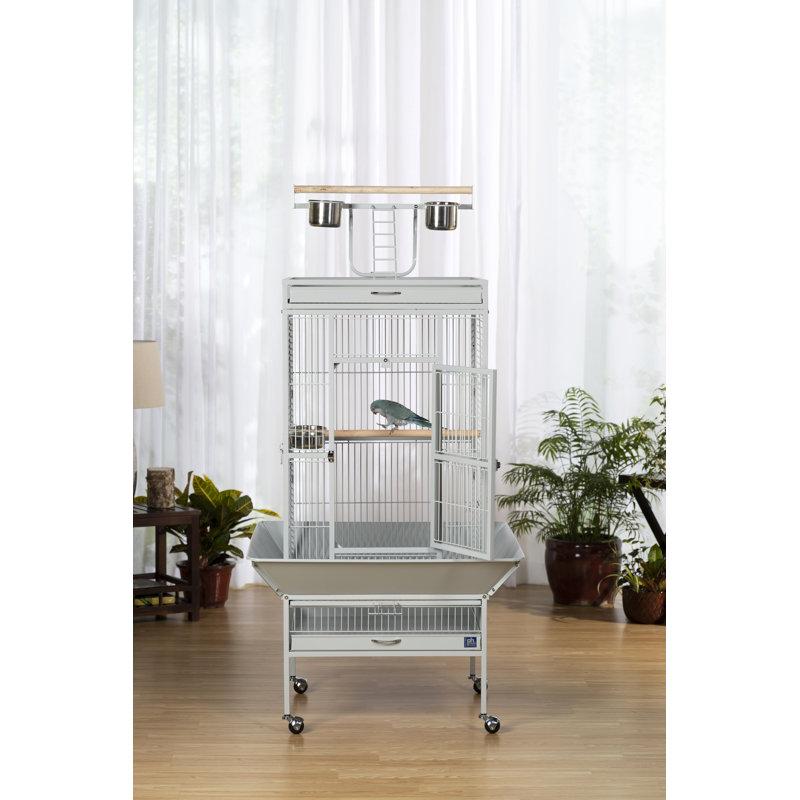 Cage à oiseau avec roues, support, perchoir, plateau Lucile, Moyen (H 65 po x l 22 po x P 24 po), Étain