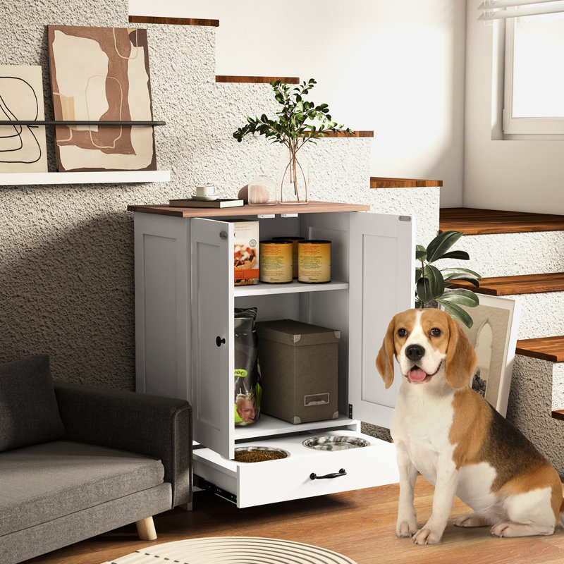 Station d'alimentation moyenne pour chien avec bols cachés, panneau et crochets réglables, armoire de rangement blanche, panneau, crochets pour chiens