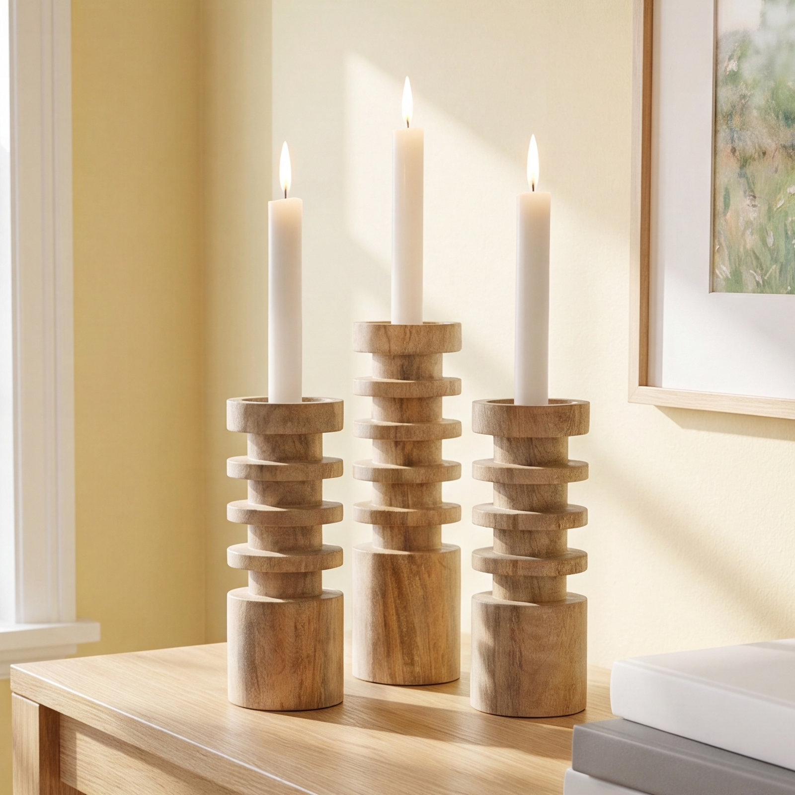 Mango Wood Pillar Holder, 7" H x 4" W x 4" D