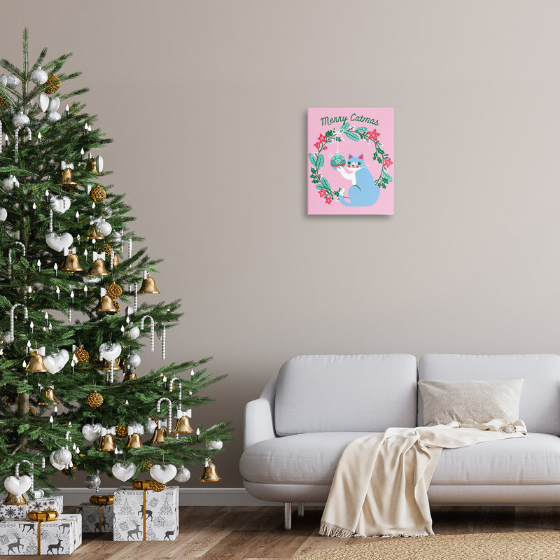 «Merry Christmas Pink Cat», art mural sur toile par Riley Hutchens, H 20 po x l 16 po