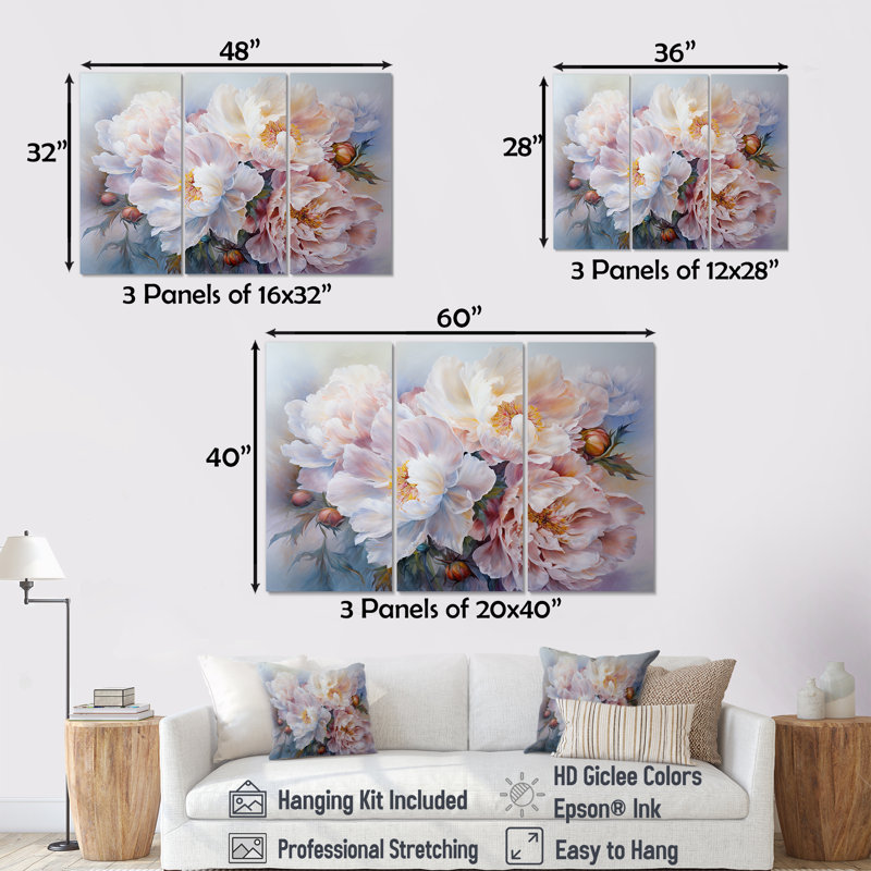 Rose et blanc, pivoines, florescence, ensemble de reproductions d'art mural pivoines, Toile tendue