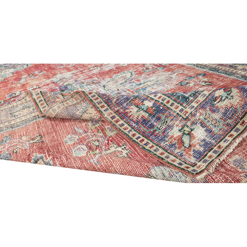 Tapis turc rétro noué à la main avec motif de médaillon, revêtement de sol vieilli