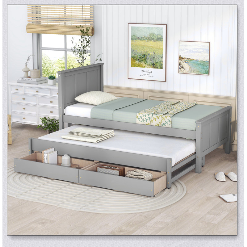 Lit plateforme élégant avec lit gigogne et tiroirs, parfait pour les chambres à coucher modernes et les chambres d'amis, combinant fonctionnalité et esthétique