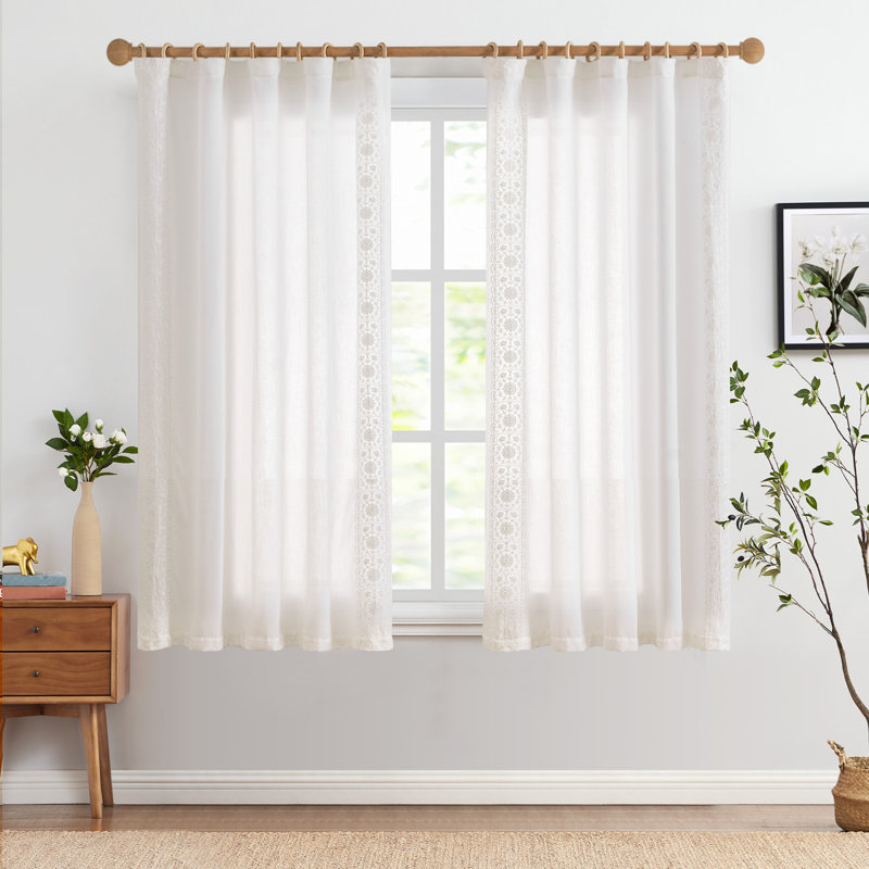 Linen Blend Embroidered Floral Farmhouse Curtains Curtains for Bedroom, 54" W x 63" L, Off White