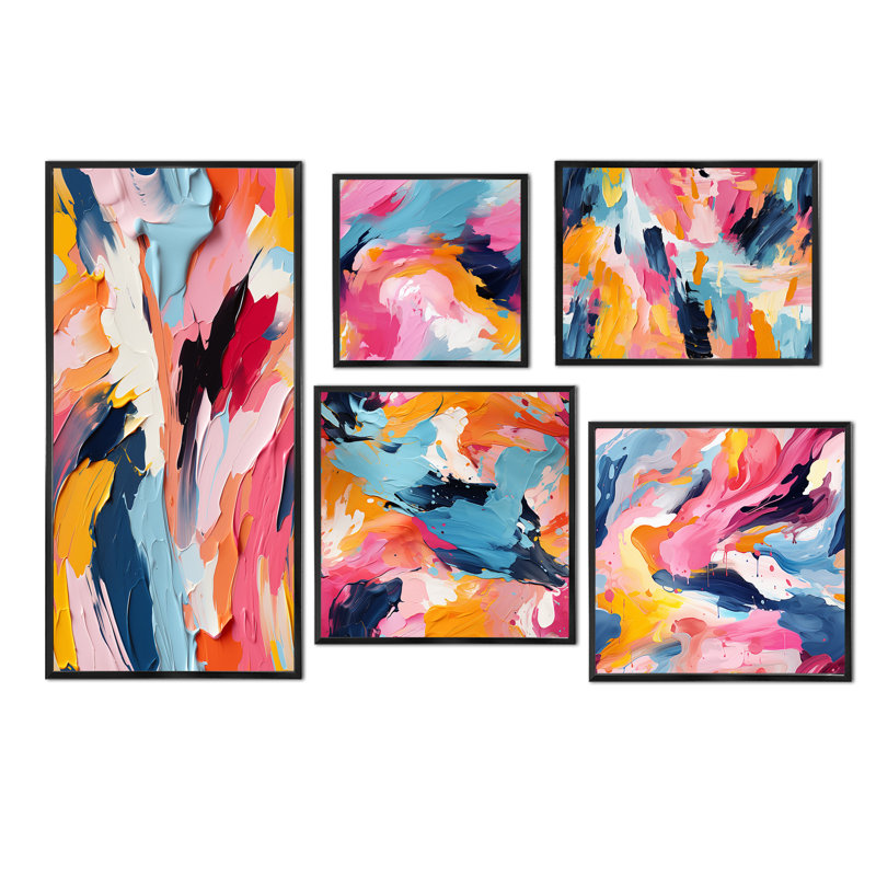 «Colorful Paint Swirl Bliss I», ensemble de 5 décorations murales abstraites, Cadre flottant noir