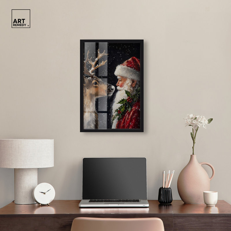 Décoration de Noël père Noël et renne avec boîte-cadre par Art Remedy, cadre noir, 11 x 16, H 25 po x l 17 po