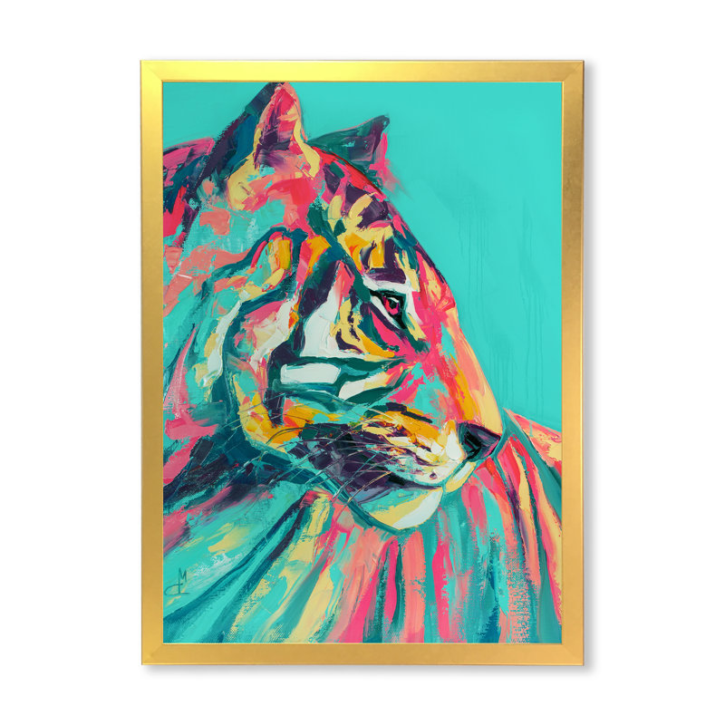 Pop Art turquoise et tigre rose - décoration murale moderne en toile, Toile avec cadre photo doré