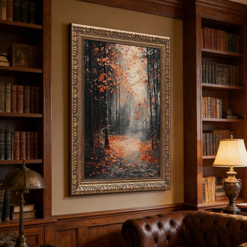 «Autumn Forest Path with Orange Leaves», cadre mural rétro - cadre décoratif doré pour art., 12"L x 18"W