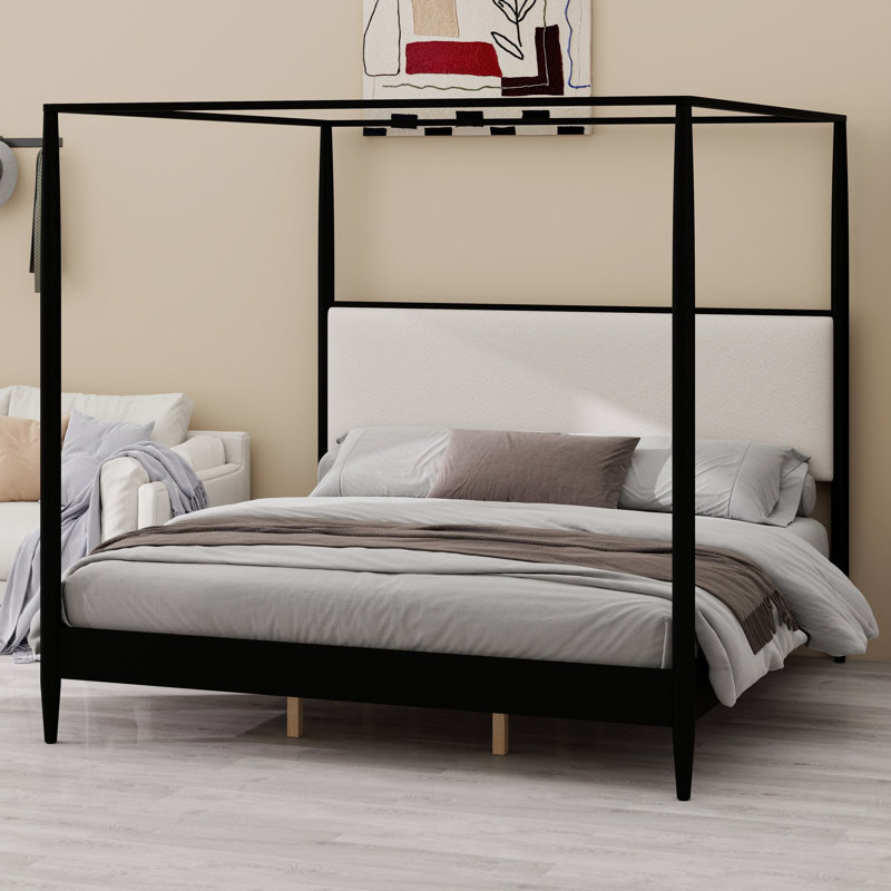 Cadre de lit à baldaquin de style moderne du milieu du siècle avec tête de lit rembourrée, King, Black