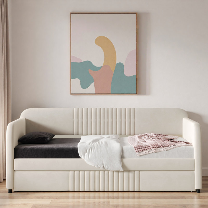 Upholstered Daybed With Trundle And Wood Slat, Beige
