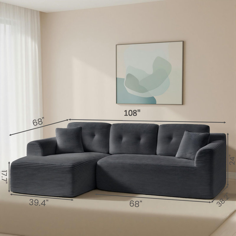 108.3" Comfy Cloud Couch, L Shaped Sectional Sofa, Gray, Left (L)