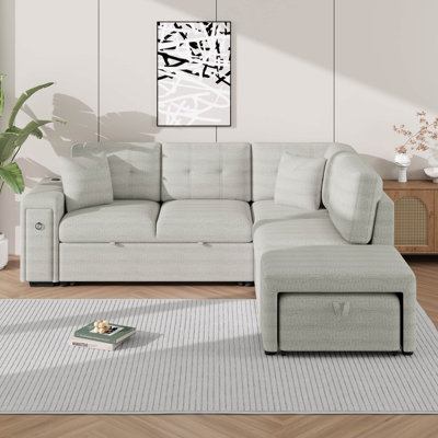 Canapé-lit modulaire en L 86,6 po avec accoudoirs de rangement, porte-gobelets, deux ports USB et repose-pieds mobile en forme de L