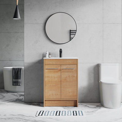 Grove Free Standing Single Bathroom Vanity with White Ceramic Sink, 2 Soft-Close Doors and 1 Adjustable Shelf, Floor Standing Vanity Set in Oak Natural