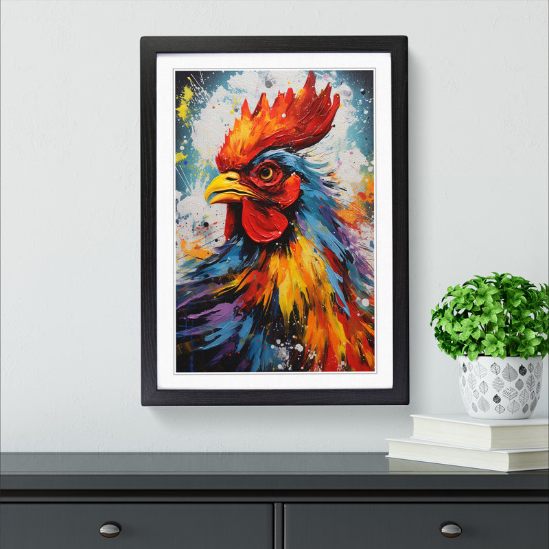 Rooster Action Painting - Single Picture Frame Print on Wood, Black, 34cm H x 25cm W x 2cm D