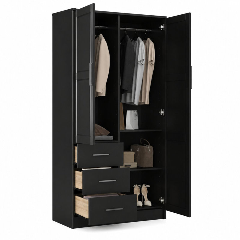 Armoire-penderie 100% en bois massif à 2 portes Metro avec tiroirs, tablettes et tringle - armoire de rangement pour vêtements autoportante