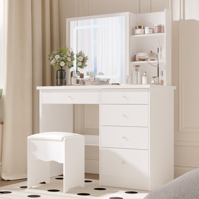 100cm Wide Dressing Table with Sliding 3-Colour LED Mirror & Hidden Storage, 5-Drawer Vanity & Stool