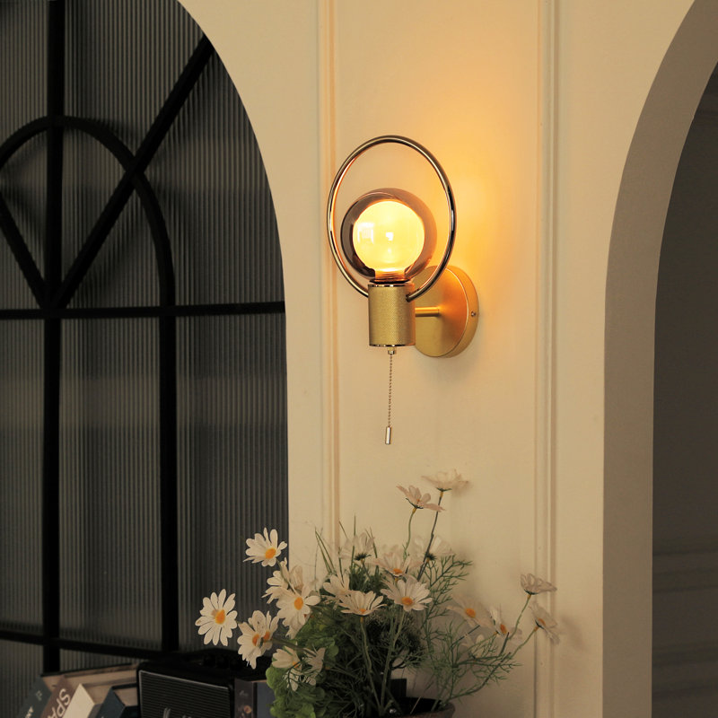 Hardwired Modern Gold Wall Sconce, 1 G125 Bulb Included, Globe Glass Wall Light with Pull Chain, Art Deco Sconce for Bedroom, Living Room, Bathroom Vanity, Hallway