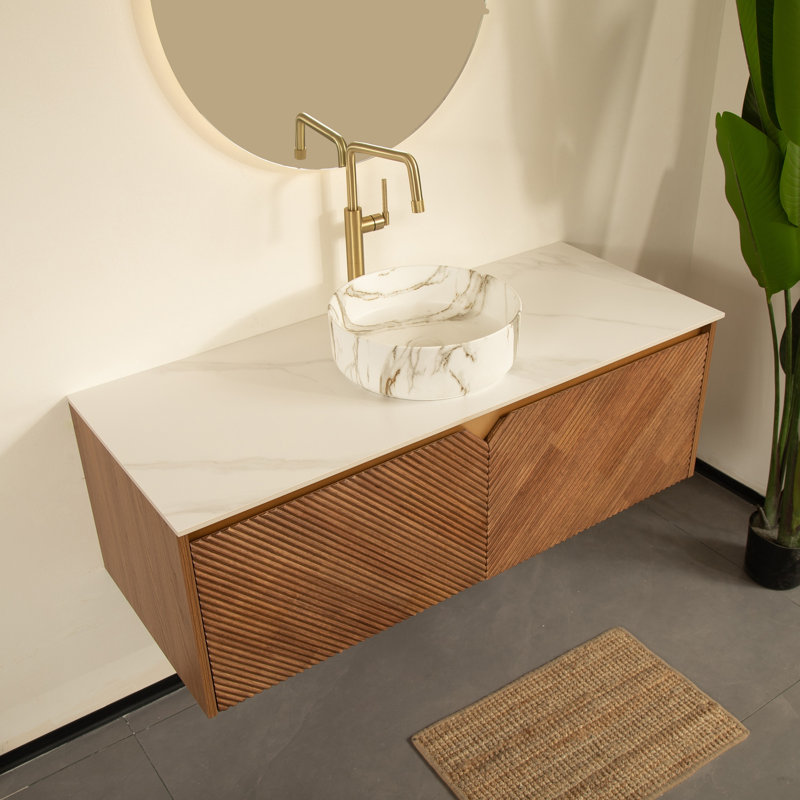 Ensemble de meuble-lavabo et lavabo 48 po, armoire de rangement en contreplaqué flottant, portes doubles en sergé avec garniture en métal, vasque ronde en céramique blanche à motif de pierre et plateau en pierre frittée, couleur grain de bois de chêne Corolla