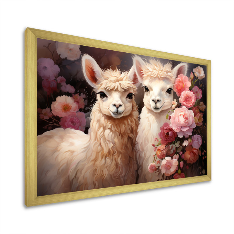 Fluffy Alpacas Floral Portrait - Alpaca Wall Art, Gold Closed Corner Framed, 24" H x 32" W x 1" D