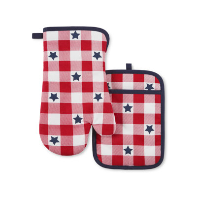 MARTHA STEWART American Star Gihgham, ensemble de gants de cuisine et porte-casseroles, rouge / blanc / bleu