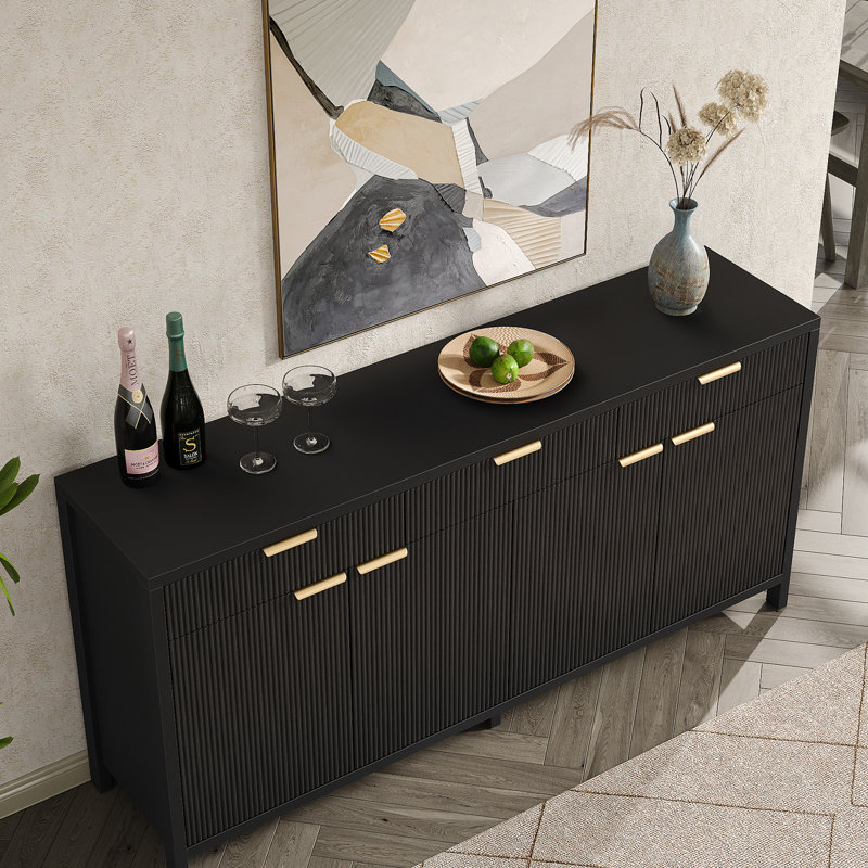 66" W Fluted Buffet Cabinet, Sideboard With 3 Drawers & 2 Cabinets,Storage Cabinet With Adjustable Shelves, Mid-Century Coffee Bar Table For Living Room, Dinning Room