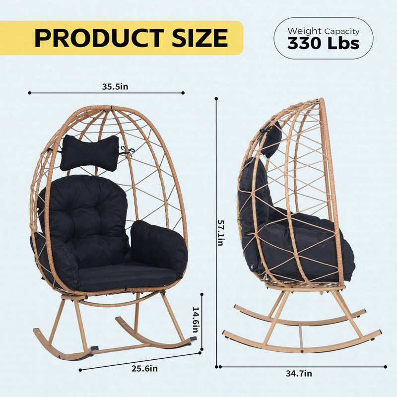 Fauteuil berçant intérieur / extérieur en osier avec coussin et coussin, chaise longue pliable en osier et rotin cocon, Noir