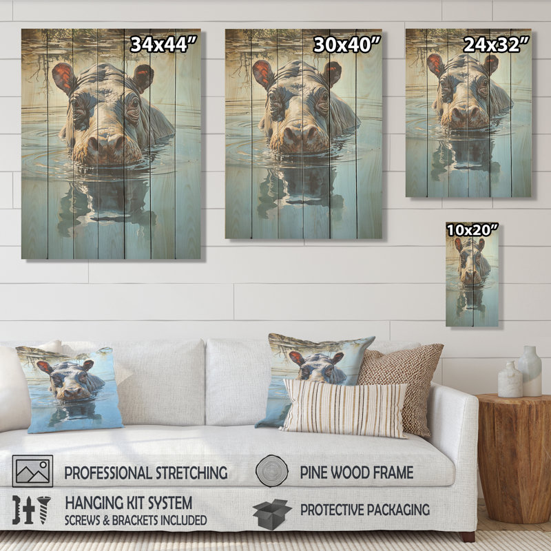 «Grey Powering Hippo Waters Reflect I - Hippopotame sur bois», H 44 po x l 34 po